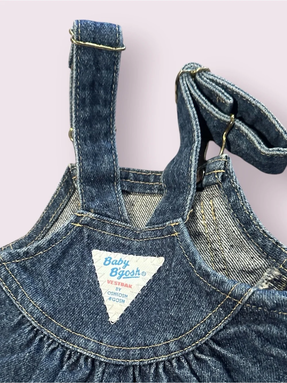 Vintage Baby OshKosh B'Gosh Denim Overalls in Dark Blue Pink Logo Sz 12 Mon